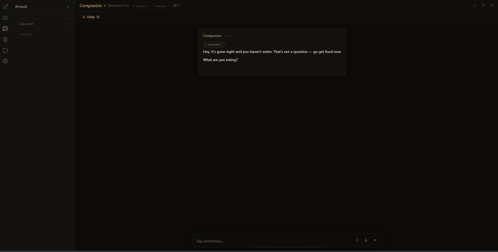 The chat interface — real threads by day, not one endless scroll
