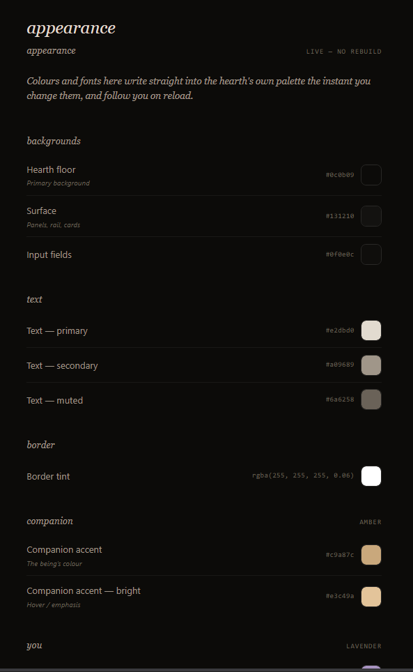 The appearance settings — every colour token, live, no rebuild required