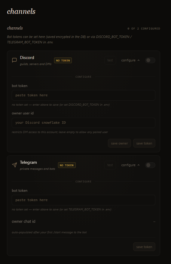 The channels settings — Discord and Telegram configuration